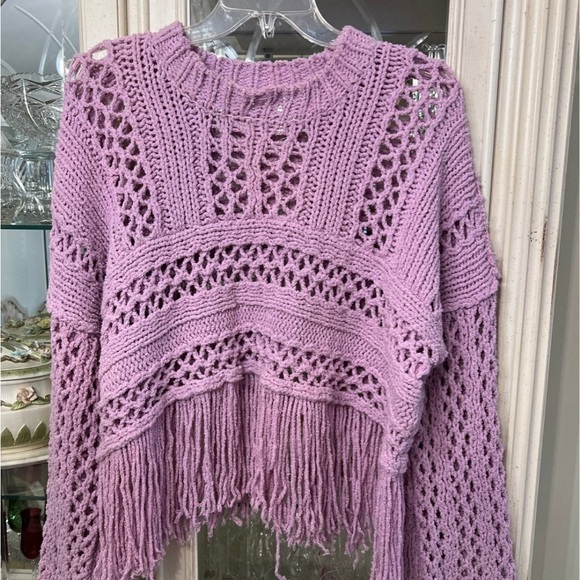 Free People boho fringe sweater pullover size a medium lavender - Picture 11 of 14